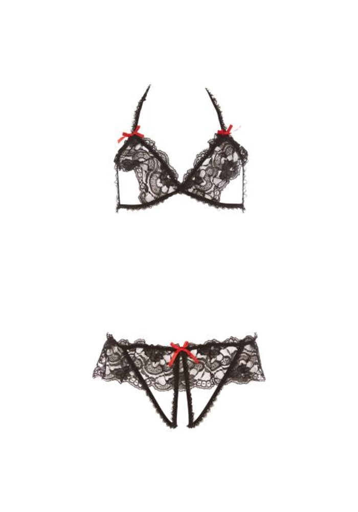 Peek A Boo Open Kanten BH Set - Zwart/Rood